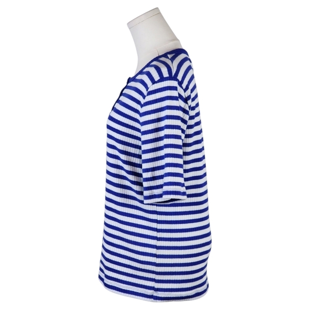 J. Crew Blue White Striped Henley Top Large Ribbed Knit Nautical Casual Tee - Picture 3 of 7